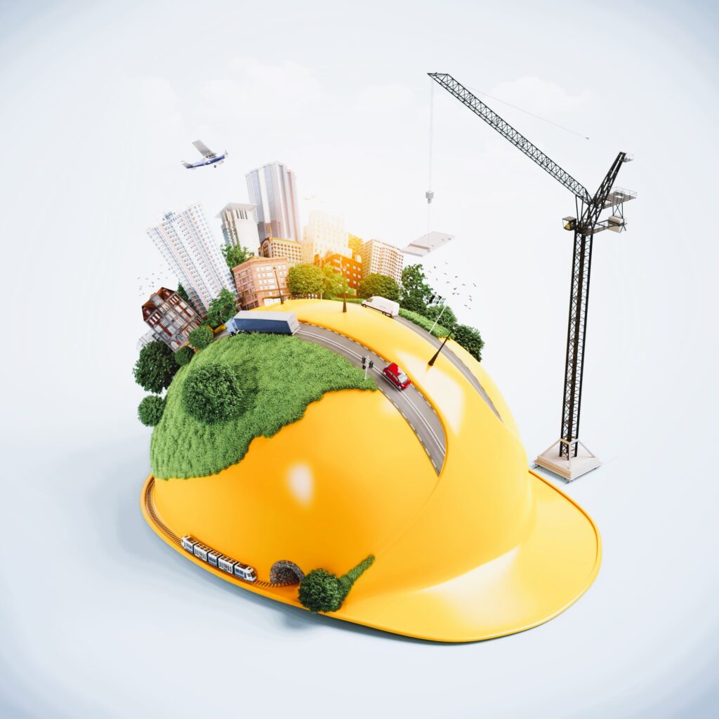 City on the construction helmet.